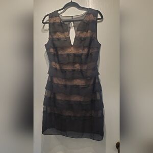 BCBG MaxAzria Fionna Black Tan Ruffle Tiered Lace Illusion Cocktail Dress Sz 12
